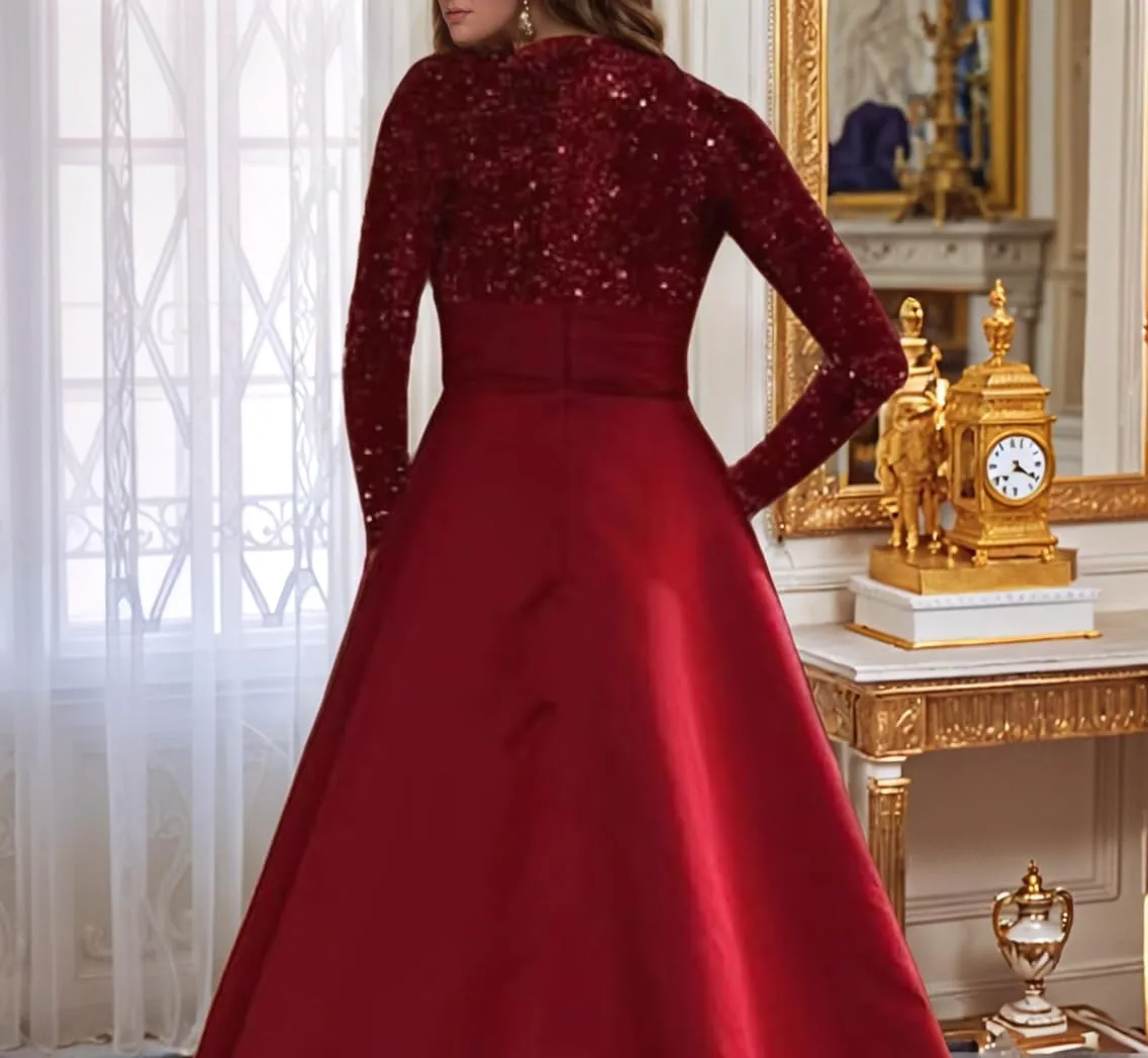 Long Sleeve Mother of The Bride Dresses for Women Sparkly Sequin A Line Prom Gowns Satin Tea Length Wedding Party Dress