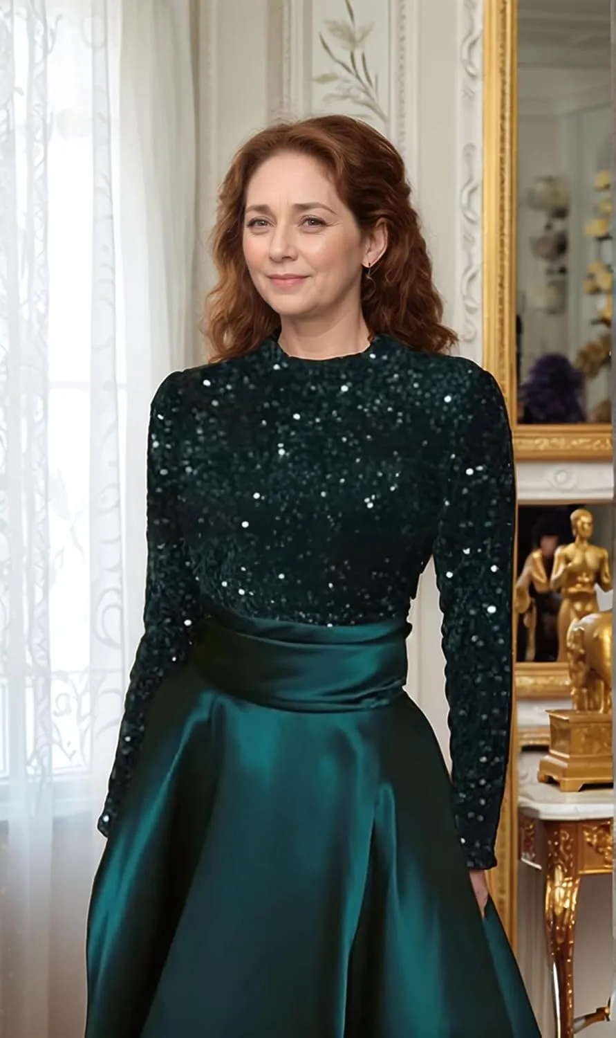 Long Sleeve Mother of The Bride Dresses for Women Sparkly Sequin A Line Prom Gowns Satin Tea Length Wedding Party Dress