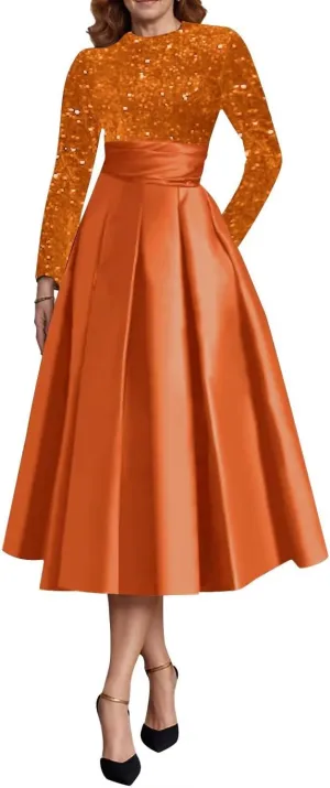 Long Sleeve Mother of The Bride Dresses for Women Sparkly Sequin A Line Prom Gowns Satin Tea Length Wedding Party Dress