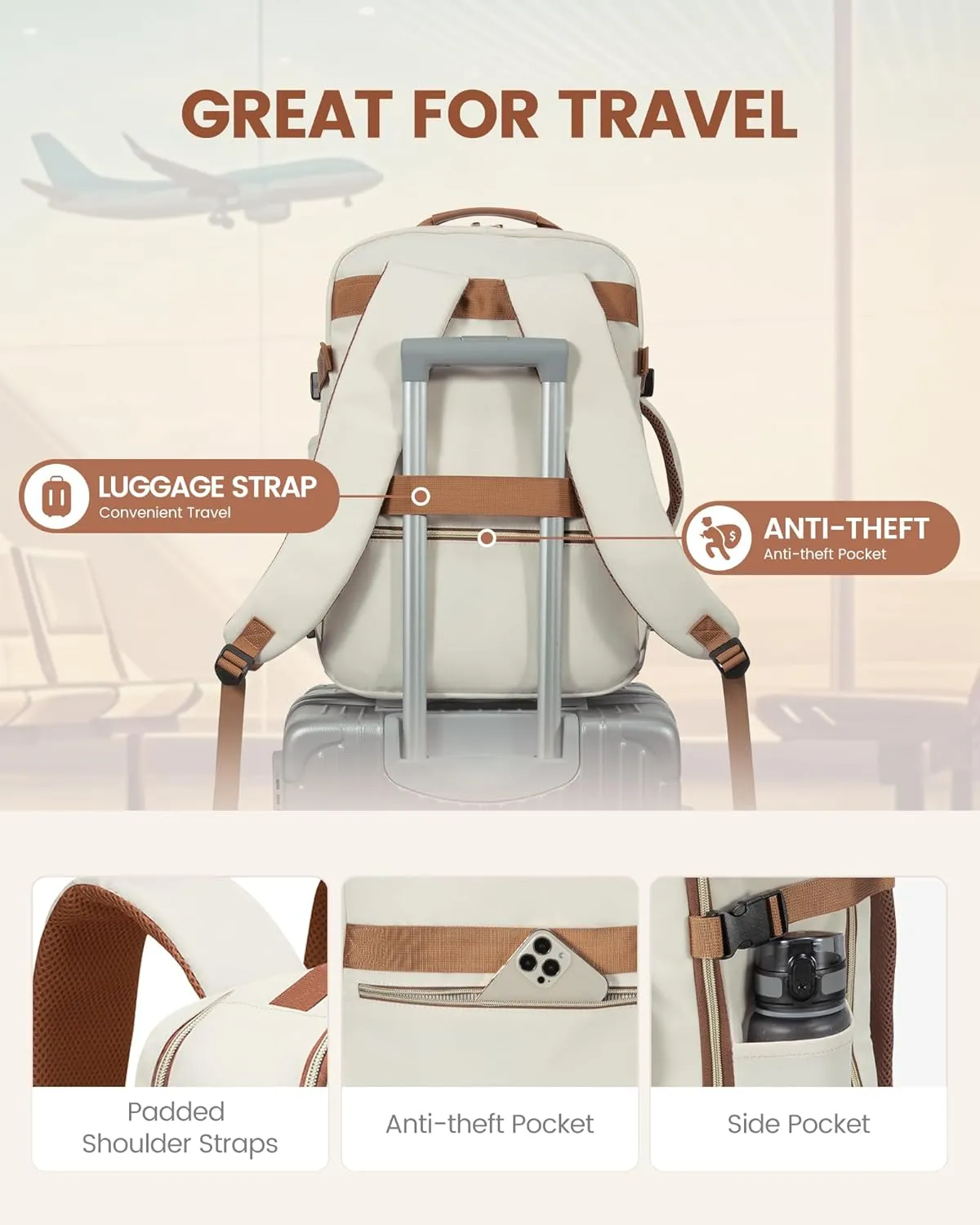 LOVEVOOK Carry on Travel Backpack, 40L Waterproof Large 17inch Laptop Luggage Daypack as Personal Item Flight Approved, Business Weekender Overnight with 3 Packing Cubes, Beige-Brown