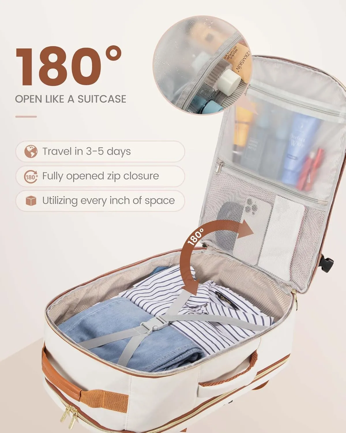 LOVEVOOK Carry on Travel Backpack, 40L Waterproof Large 17inch Laptop Luggage Daypack as Personal Item Flight Approved, Business Weekender Overnight with 3 Packing Cubes, Beige-Brown