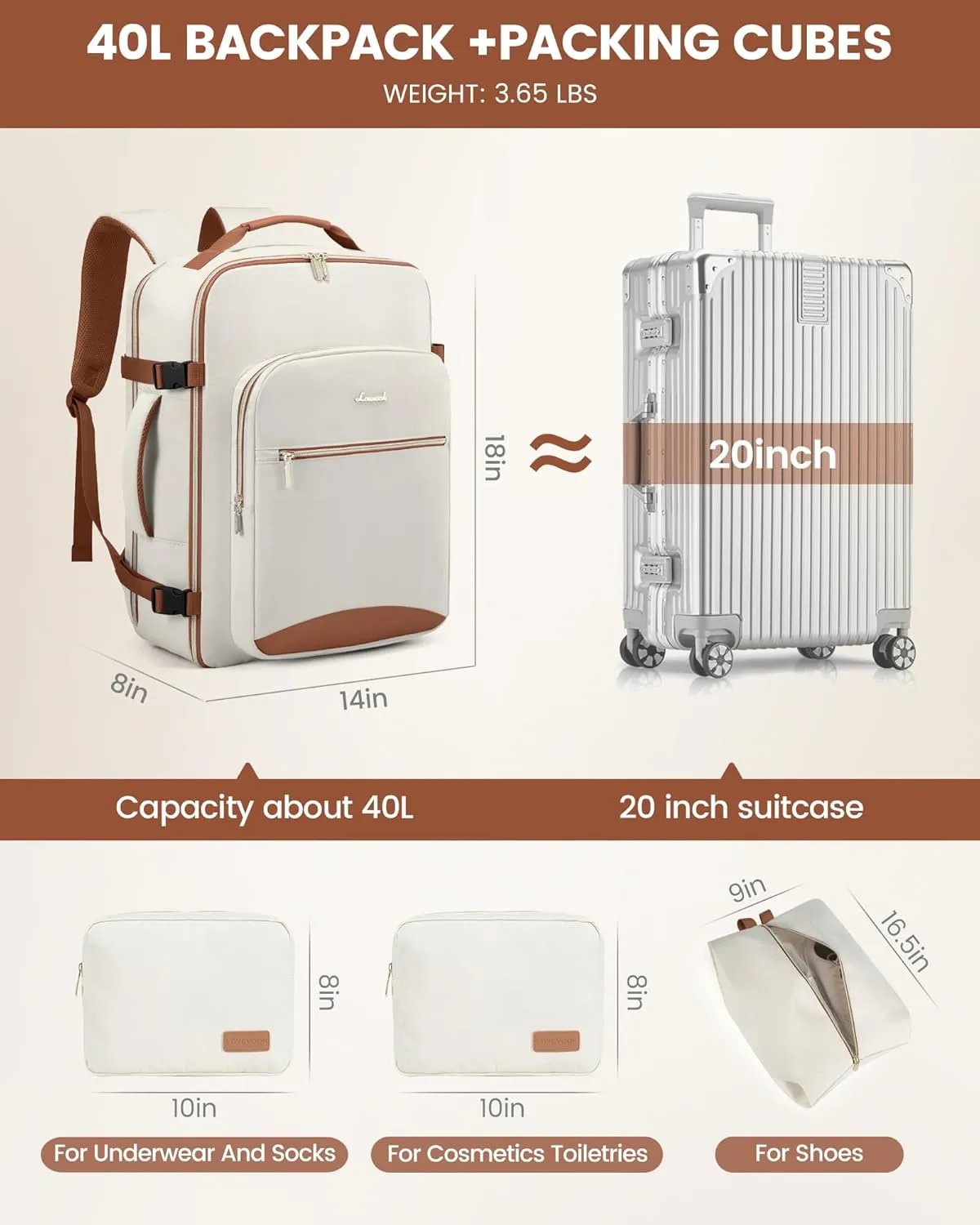 LOVEVOOK Carry on Travel Backpack, 40L Waterproof Large 17inch Laptop Luggage Daypack as Personal Item Flight Approved, Business Weekender Overnight with 3 Packing Cubes, Beige-Brown