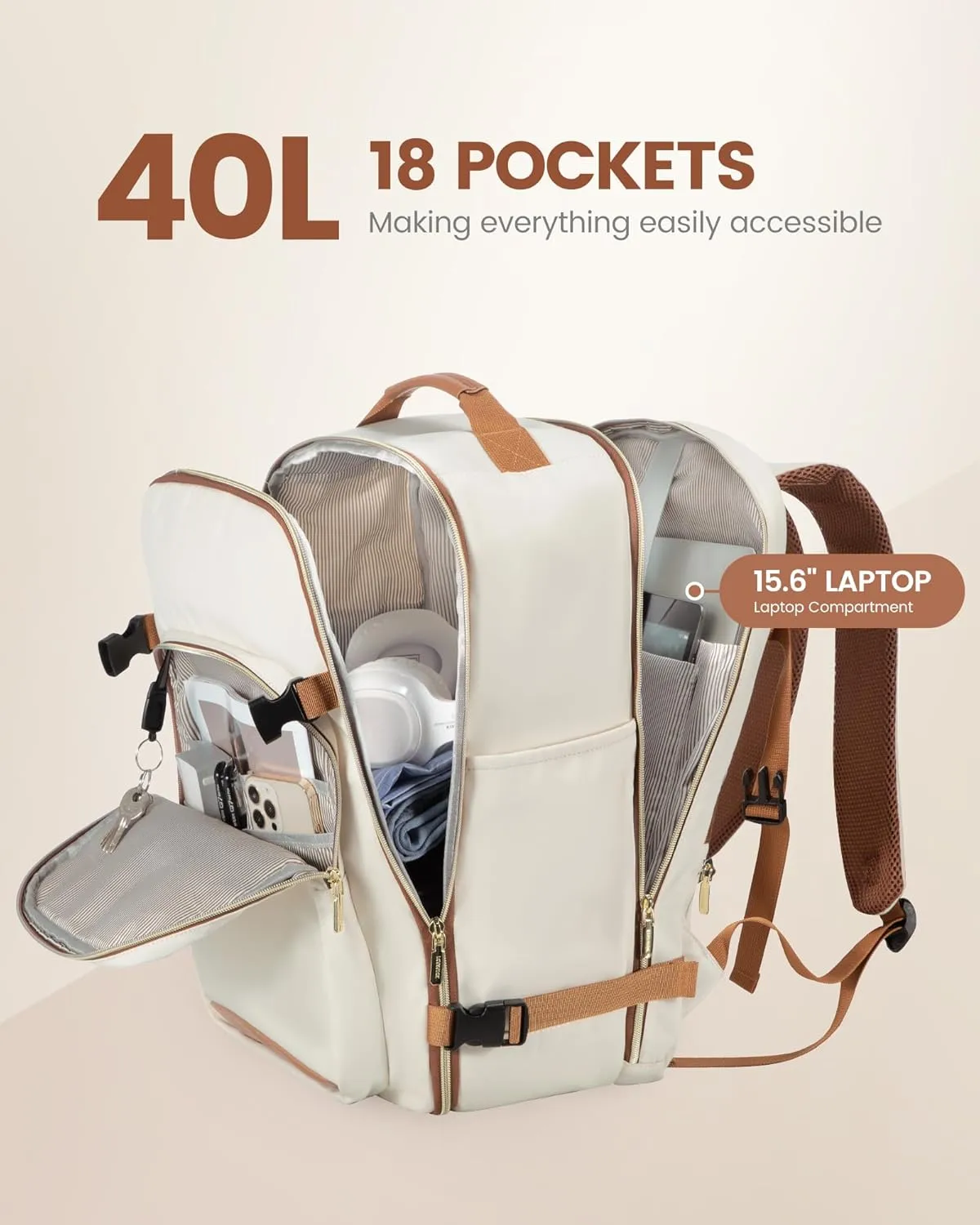 LOVEVOOK Carry on Travel Backpack, 40L Waterproof Large 17inch Laptop Luggage Daypack as Personal Item Flight Approved, Business Weekender Overnight with 3 Packing Cubes, Beige-Brown