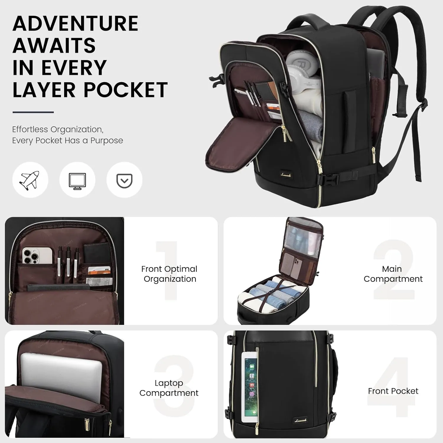 LOVEVOOK Travel Backpack for Women & Men, 45L Carry On Backpack, Personal Item Bag with 3 Packing Cubes, Business Weekender Overnight Luggage Daypack, Fits 18 Inch Laptop, Black