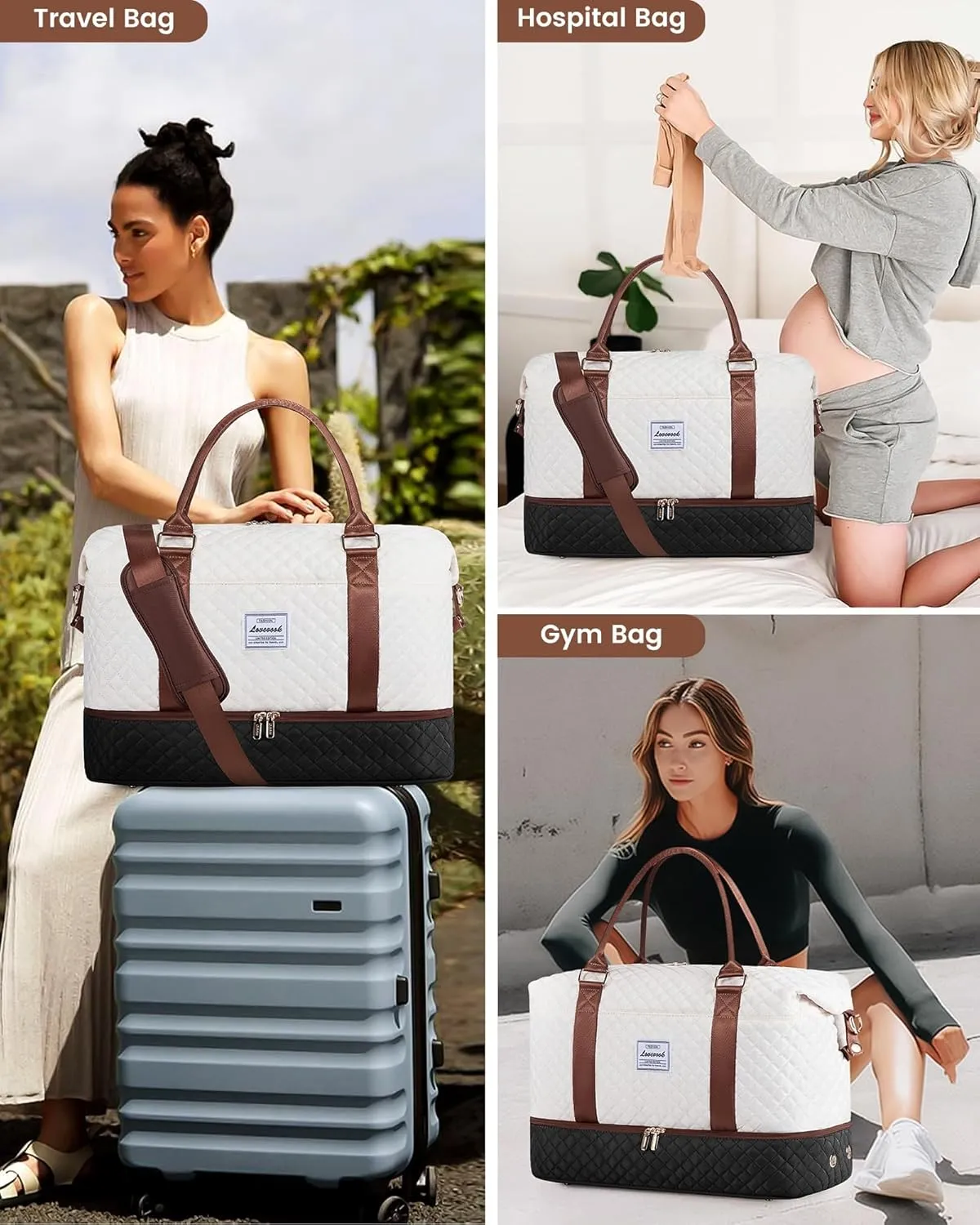 LOVEVOOK Travel Weekender Bag for Women, Carry on Overnight Bag with Shoe Compartment, Travel Duffle Bag Women, Yoga Gym Duffel Bag with Wet Pocket, Hospital Bags for Labor and Delivery, 3 Pcs Set