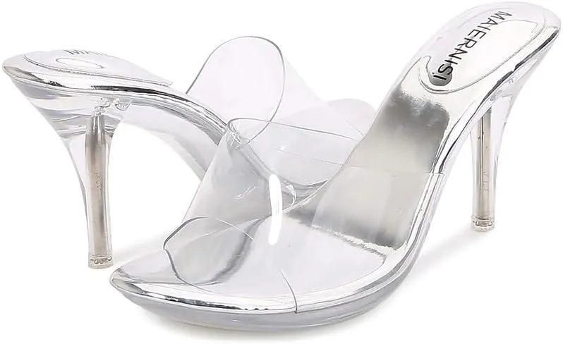 MAIERNISI JESSI Clear Heels for Women Sandals Transparent Sexy Stilletos Heels Slip on Wedding Dress Heel Mules