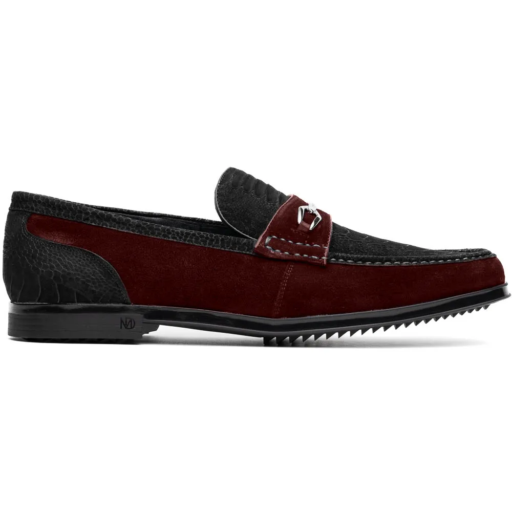 Marco Di Milano Hugo in Black / Wine Sueded Ostrich Leg Bit Loafers