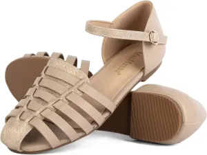 MaxMuxun Women's Closed Toe Flat Sandals Comfortable Ankle Strap Cut Out Cage Summer Roman Shoes