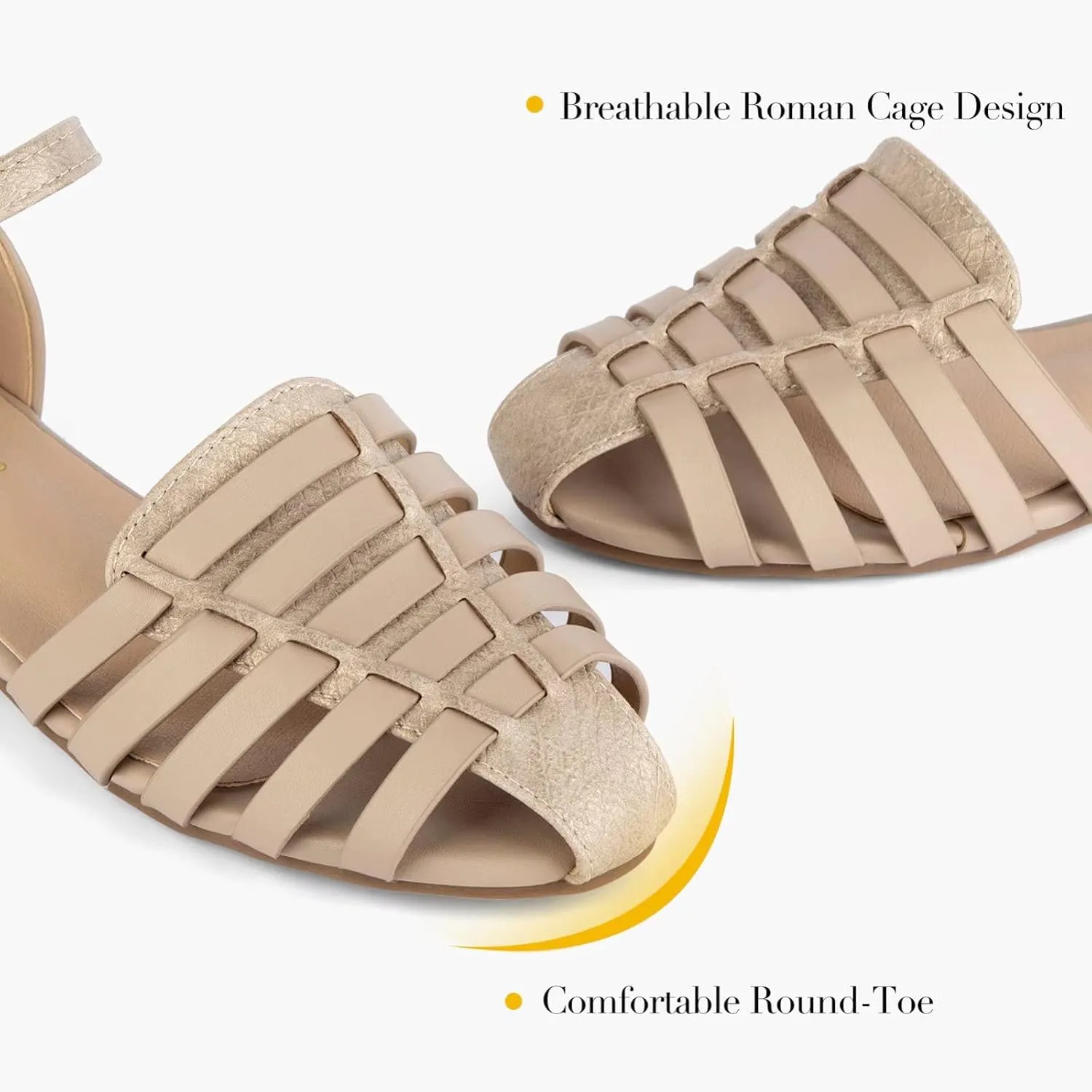 MaxMuxun Women's Closed Toe Flat Sandals Comfortable Ankle Strap Cut Out Cage Summer Roman Shoes