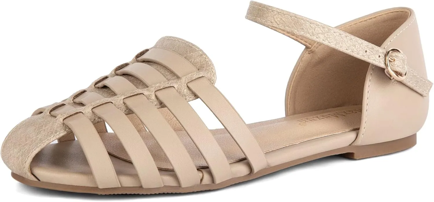 MaxMuxun Women's Closed Toe Flat Sandals Comfortable Ankle Strap Cut Out Cage Summer Roman Shoes