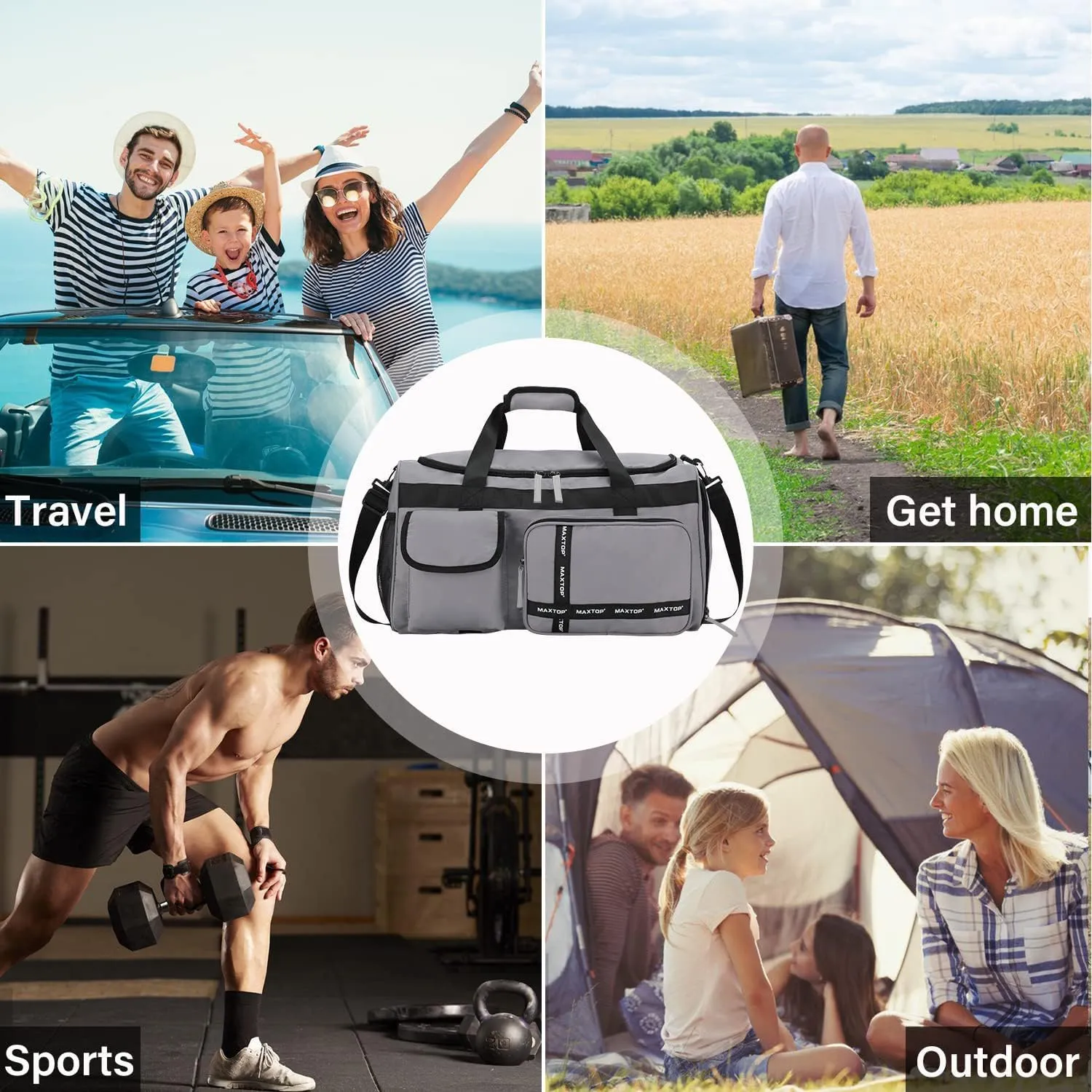 MAXTOP Travel Duffle Bag for Men Women Gym Bag with Shoes Compartment Waterproof Sports Weekend Overnight Travel Bag,Grey
