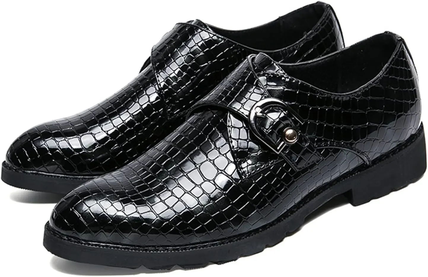 MCMUS Dress Shoes for Men Slip On Crocodile Embossed Monk Strap PU Leather Slip Resistant Anti-Slip Block Heel Low Top Rubber Sole Outdoor Suitable for Many Occasions