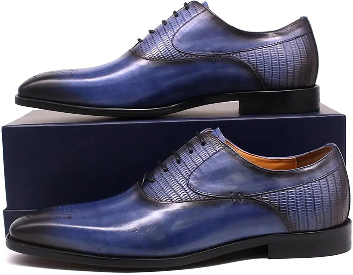 Men Business Formal Dress Shoes Cowhide Wingtip Derbys Wedding Lace-Up Oxfords Pointed Toe Brogues,Blue-40