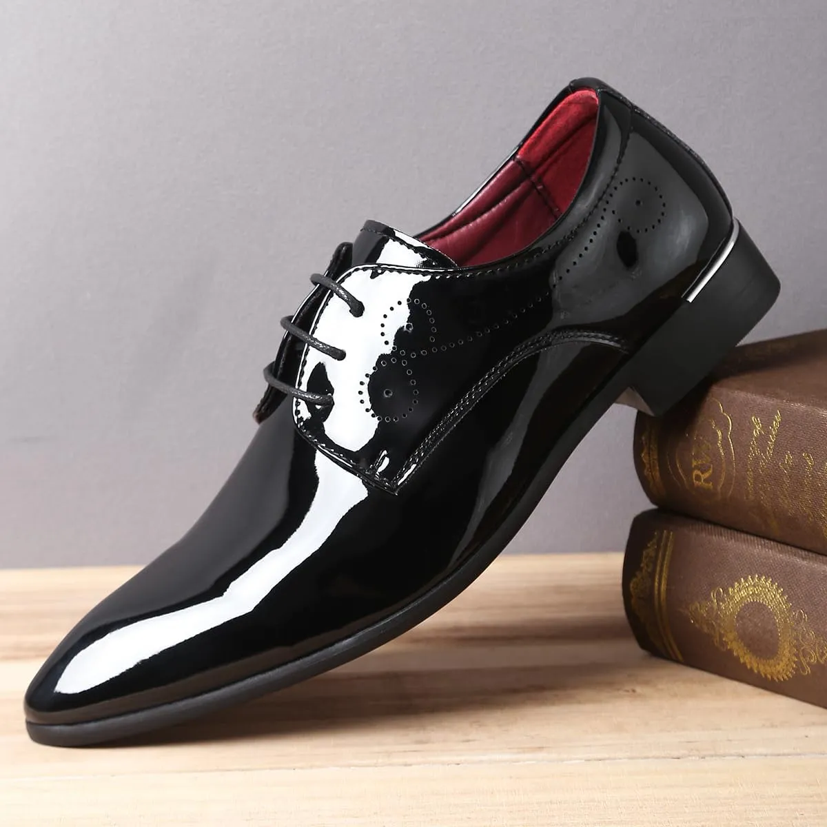Men Fashion Dress Business Shoe Pointed Toe Floral Patent Leather Lace Up Oxford Black Brown Red Grey