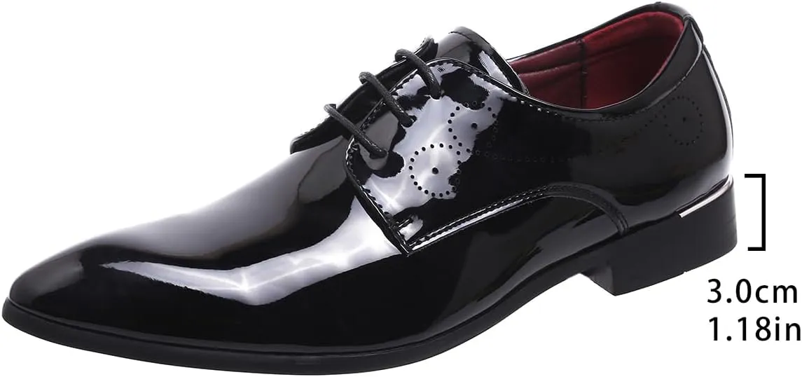 Men Fashion Dress Business Shoe Pointed Toe Floral Patent Leather Lace Up Oxford Black Brown Red Grey