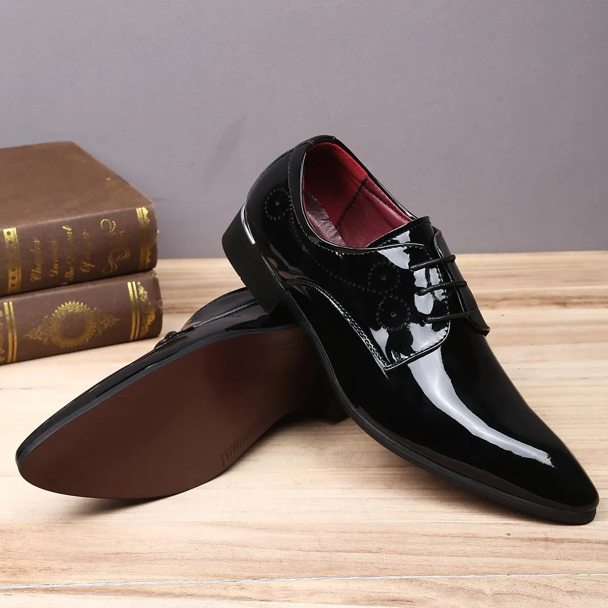 Men Fashion Dress Business Shoe Pointed Toe Floral Patent Leather Lace Up Oxford Black Brown Red Grey