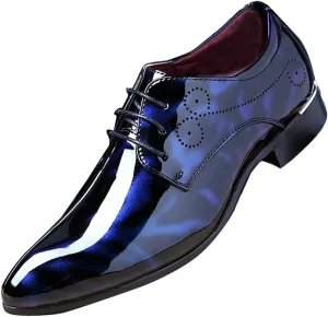 Men Fashion Dress Business Shoe Pointed Toe Floral Patent Leather Lace Up Oxford Black Brown Red Grey