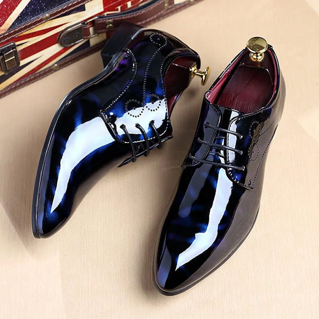 Men Fashion Dress Business Shoe Pointed Toe Floral Patent Leather Lace Up Oxford Black Brown Red Grey