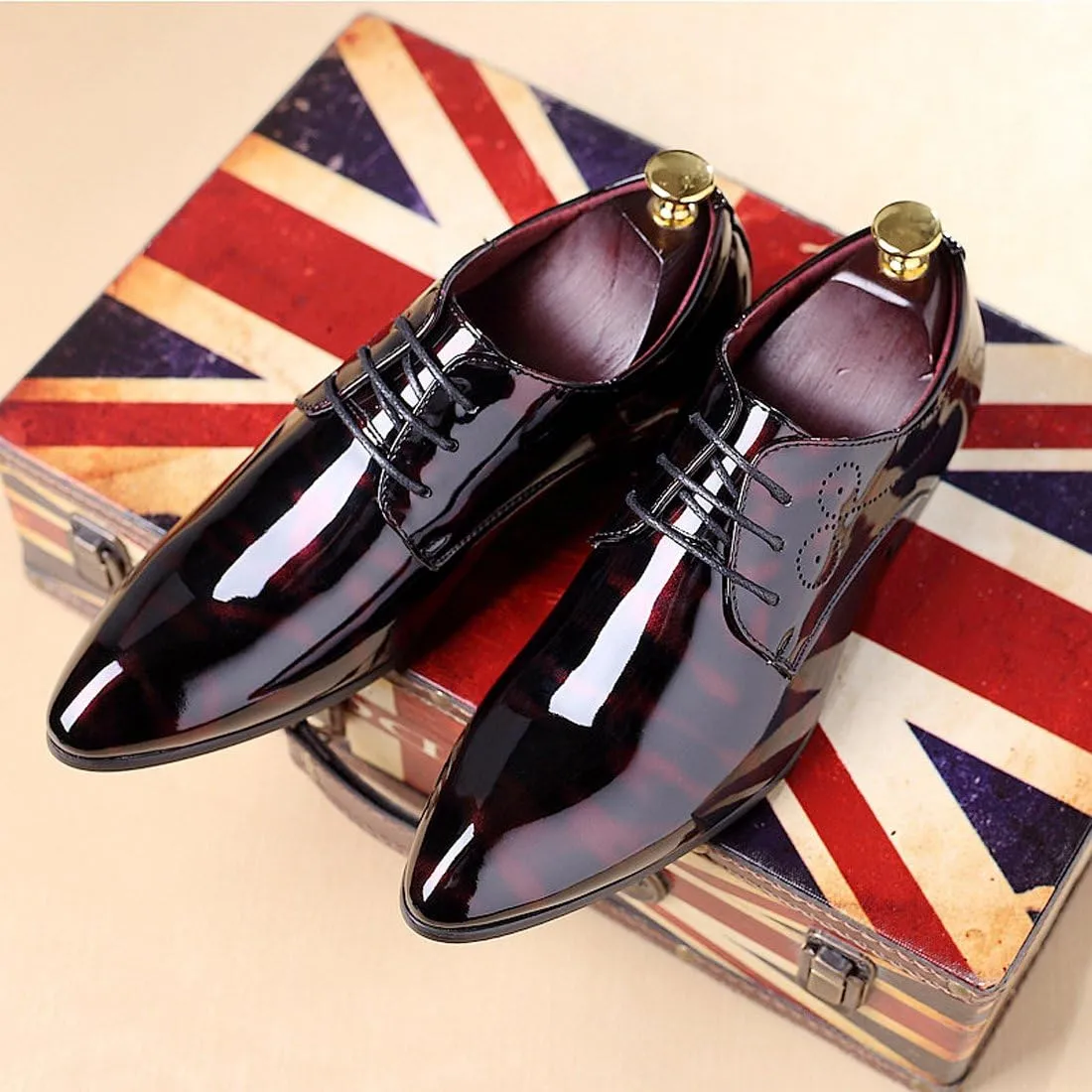 Men Fashion Dress Business Shoe Pointed Toe Floral Patent Leather Lace Up Oxford Black Brown Red Grey