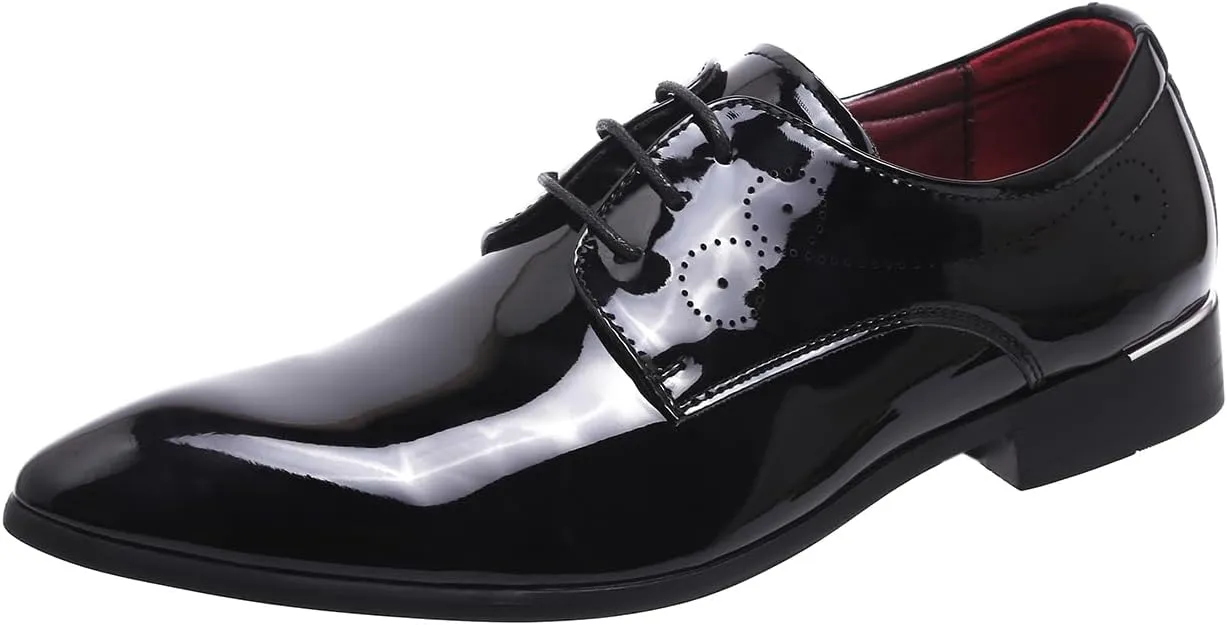 Men Fashion Dress Business Shoe Pointed Toe Floral Patent Leather Lace Up Oxford Black Brown Red Grey