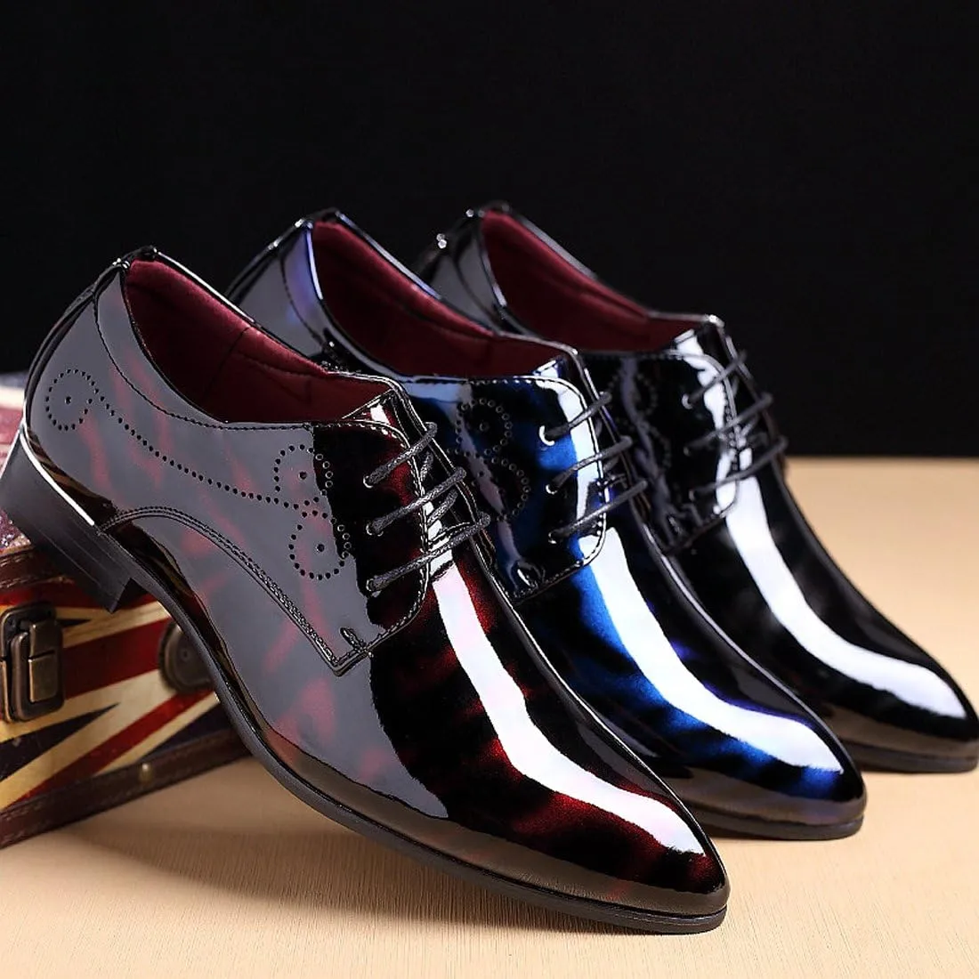 Men Fashion Dress Business Shoe Pointed Toe Floral Patent Leather Lace Up Oxford Black Brown Red Grey