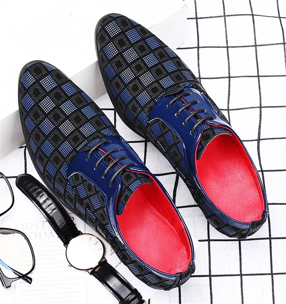 Men Fashion Dress Business Shoe Pointed Toe Floral Patent Leather Lace Up Oxford Black Red Blue