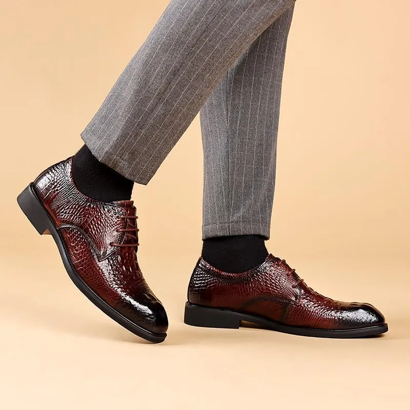 Men's Alligator Crocodile Print Oxfords Fashion Lace Up Dress Shoes Genuine Leather Business Brogue Handmade Formal Shoe for Men
