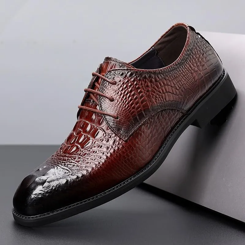 Men's Alligator Crocodile Print Oxfords Fashion Lace Up Dress Shoes Genuine Leather Business Brogue Handmade Formal Shoe for Men