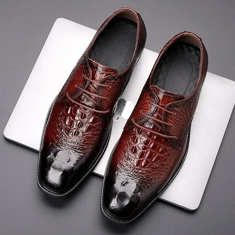 Men's Alligator Crocodile Print Oxfords Fashion Lace Up Dress Shoes Genuine Leather Business Brogue Handmade Formal Shoe for Men