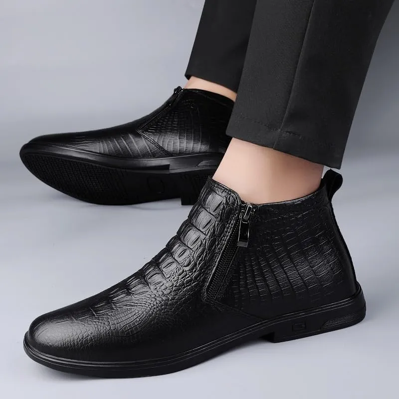 Men's Ankle Boots Block Heel Non Slip Wearable Leather Crocodile Print Double Side Zip Vintage Stylish