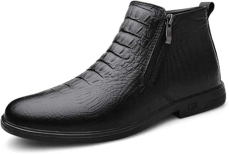 Men's Ankle Boots Block Heel Non Slip Wearable Leather Crocodile Print Double Side Zip Vintage Stylish