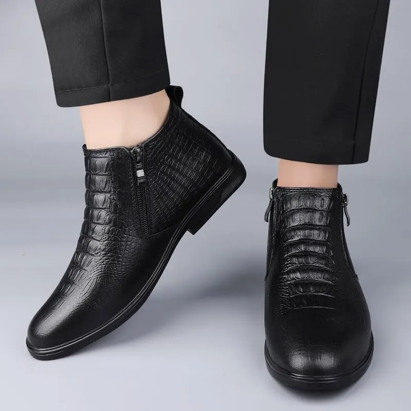 Men's Ankle Boots Block Heel Non Slip Wearable Leather Crocodile Print Double Side Zip Vintage Stylish