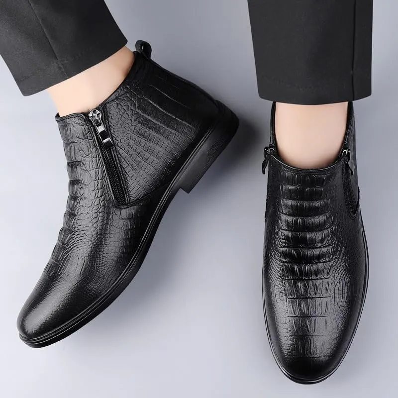 Men's Ankle Boots Block Heel Non Slip Wearable Leather Crocodile Print Double Side Zip Vintage Stylish
