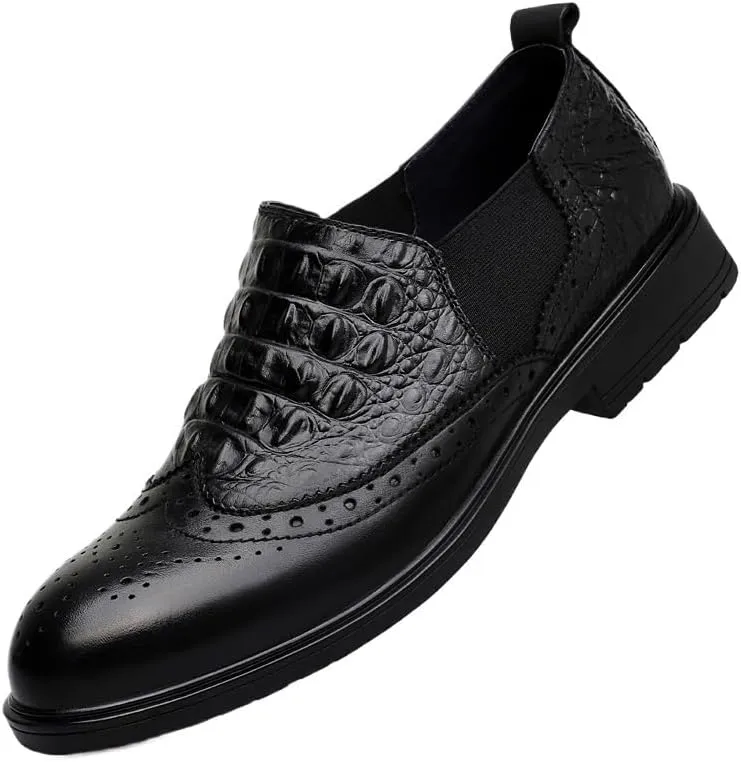 Men's Black Crocodile Pattern Shoes, Round Toe High Heel Cuban Dress Shoes, Comfortable Slip-On Casual Wedding & Banquet Footwear