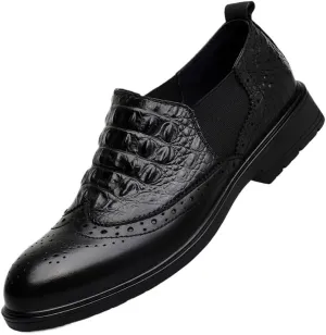 Men's Black Crocodile Pattern Shoes, Round Toe High Heel Cuban Dress Shoes, Comfortable Slip-On Casual Wedding & Banquet Footwear