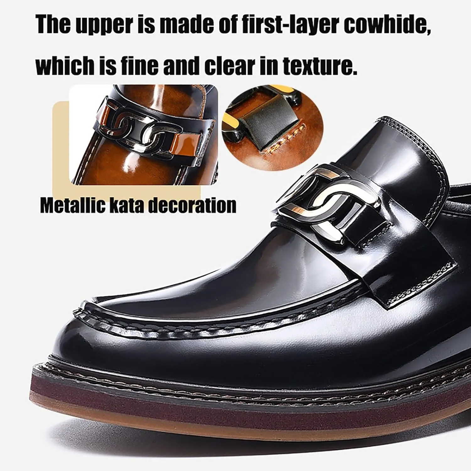 Men's Business Casual Glossy Cowhide Shoe Non-Slip Sole for Office Wedding and Formal Events