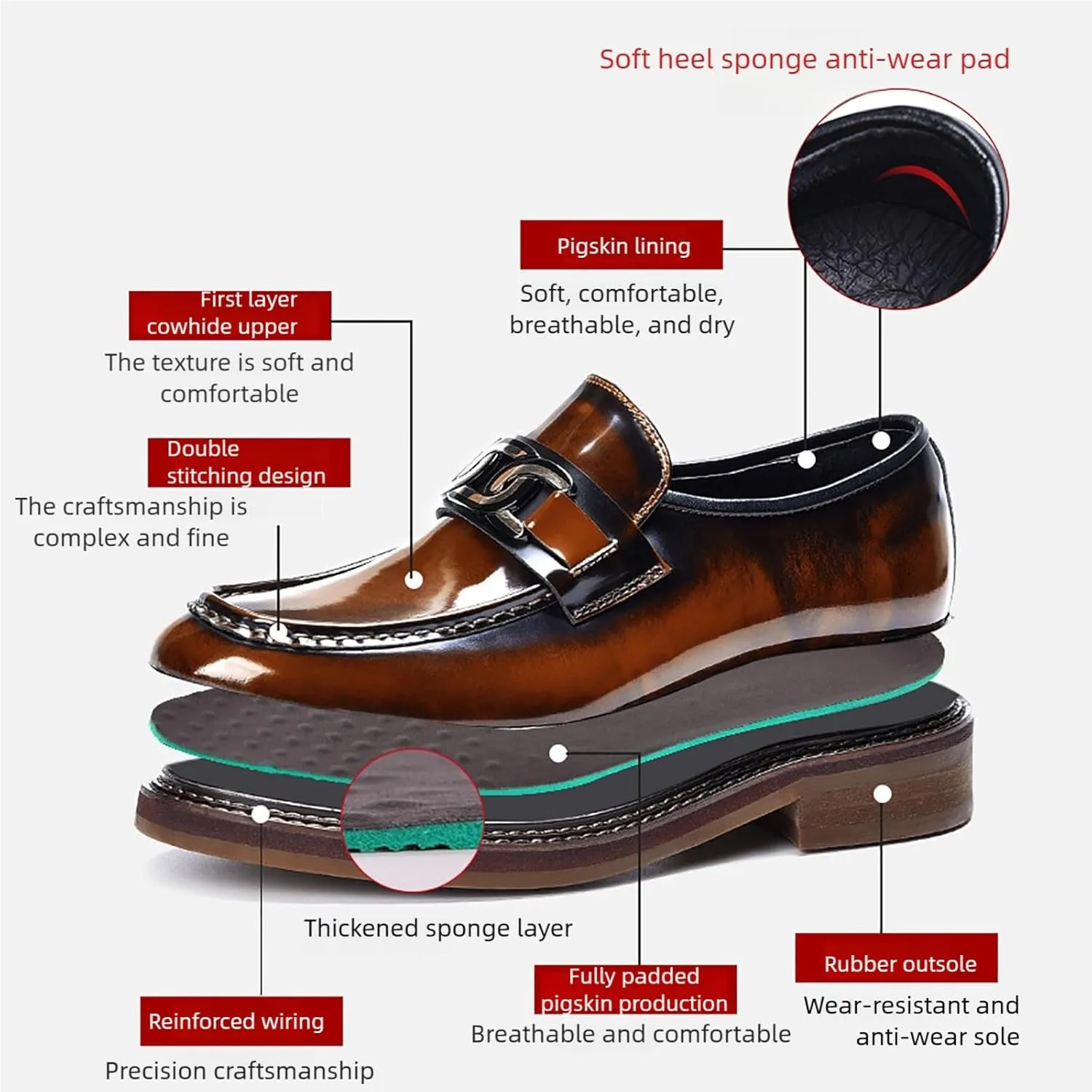 Men's Business Casual Glossy Cowhide Shoe Non-Slip Sole for Office Wedding and Formal Events