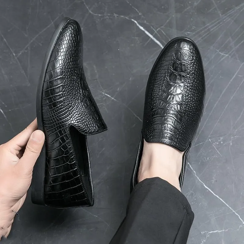 Men's Classic Casual Loafers, Slip-On Crocodile Moccasin Flats, Fashion Black Leather Driving Shoes, Wedding Formal Footwear for Men