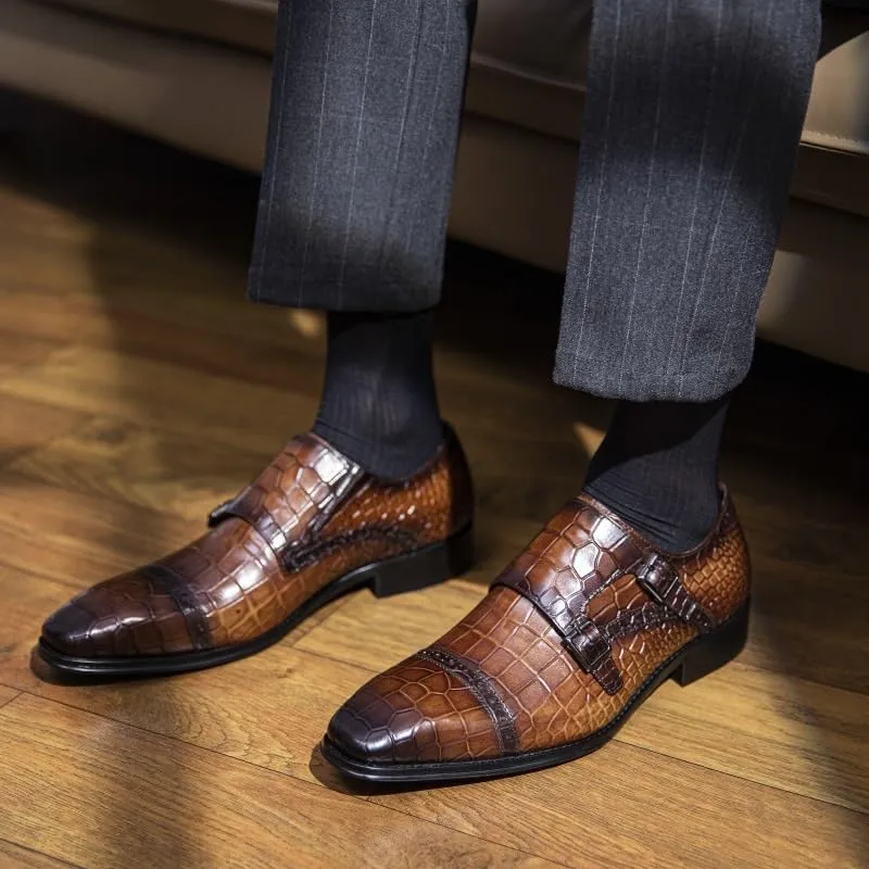 Men's Comfortable Dress Shoes Genuine Leather Business Men's Shoes with Crocodile Pattern Formal Shoes Cowhide Square Toe Suit Shoes Shoes Monk Shoes Anti-Slip Low Top Non Slip Prom