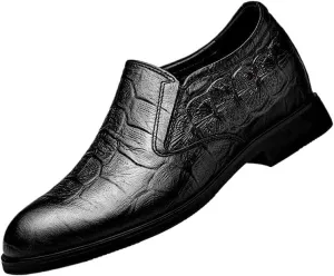 Men's Crocodile Pattern Leather Dress Shoes, Height-Increasing Round Toe Formal Shoes, Black Classic Men's Slip On Dress Shoes
