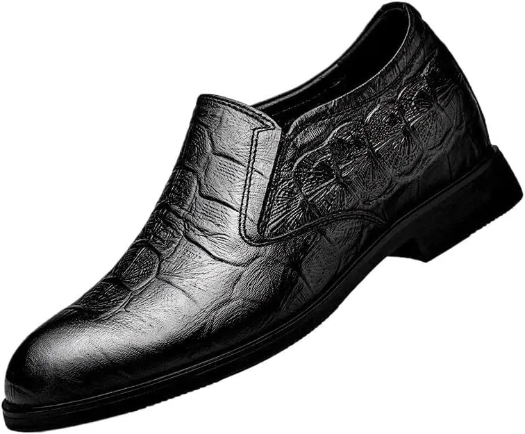 Men's Crocodile Pattern Leather Dress Shoes, Height-Increasing Round Toe Formal Shoes, Black Classic Men's Slip On Dress Shoes