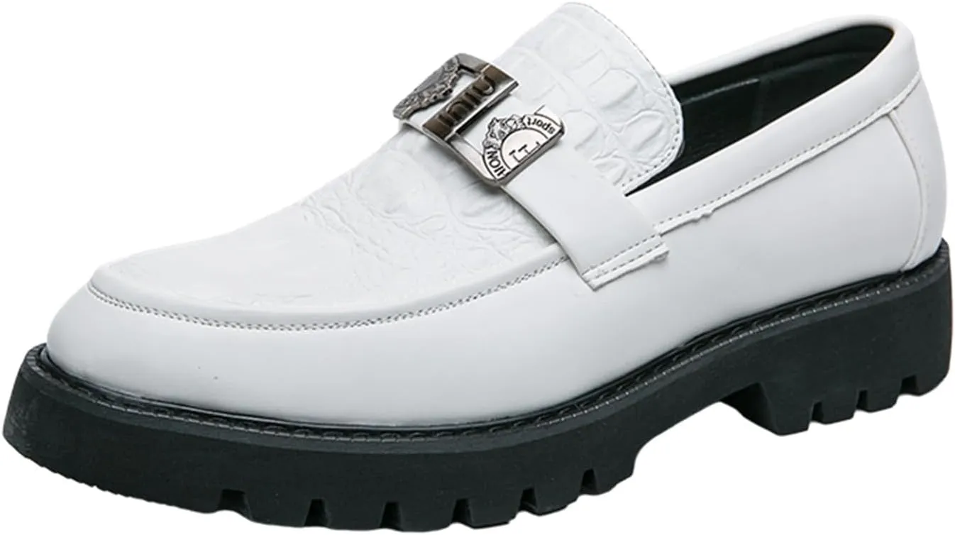 Mens Crocodile Pattern Leather Slip-On Dress Loafers Classical Casual Log Sole Non Slip Platform Penny Shoe for Formal Business Wedding