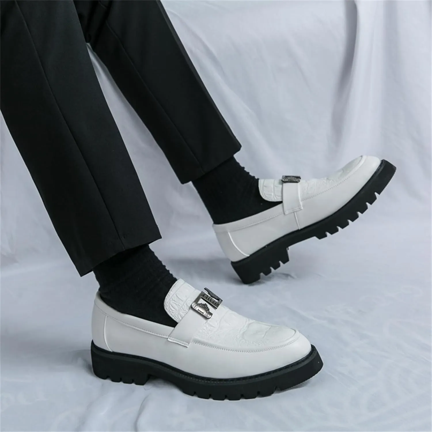 Mens Crocodile Pattern Leather Slip-On Dress Loafers Classical Casual Log Sole Non Slip Platform Penny Shoe for Formal Business Wedding