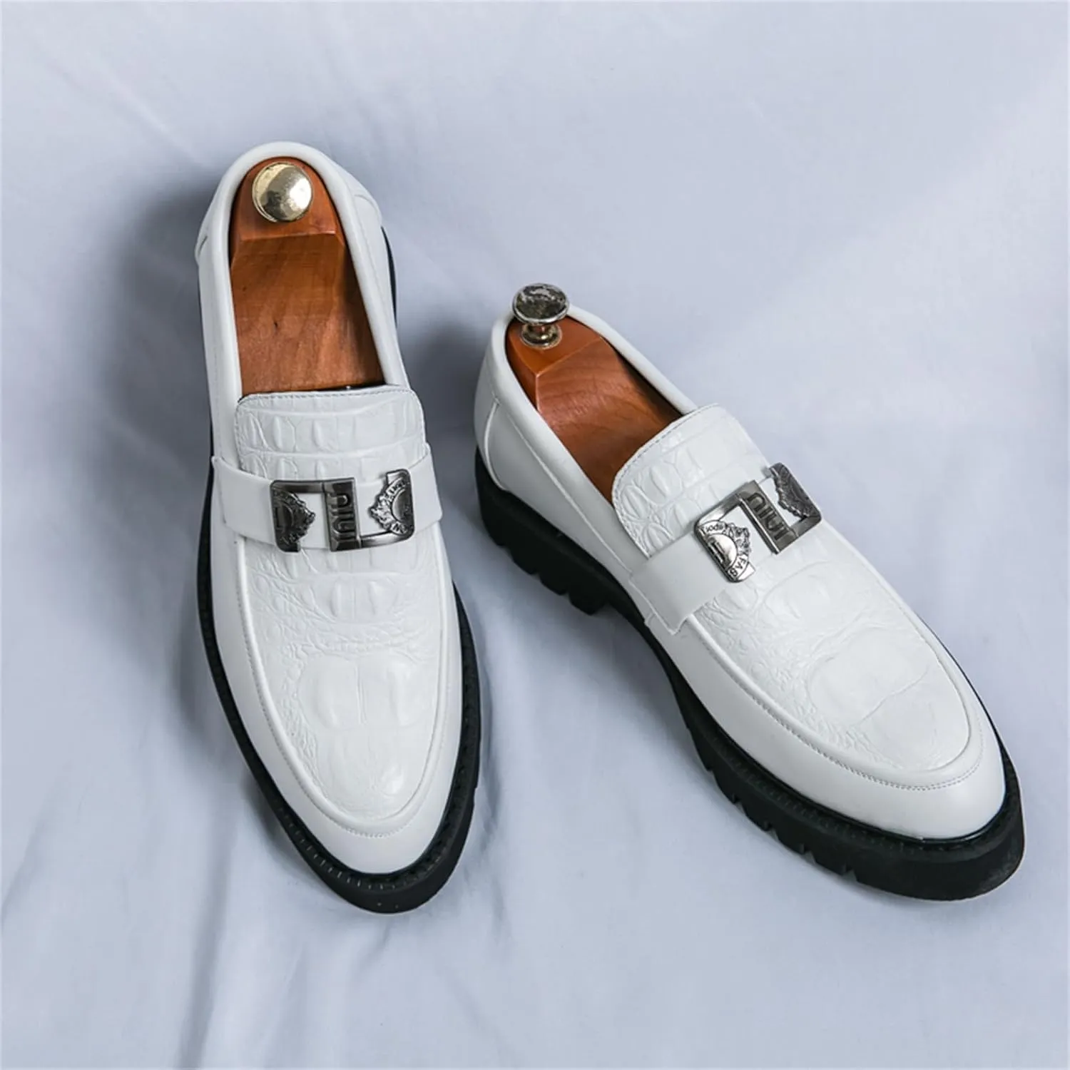 Mens Crocodile Pattern Leather Slip-On Dress Loafers Classical Casual Log Sole Non Slip Platform Penny Shoe for Formal Business Wedding
