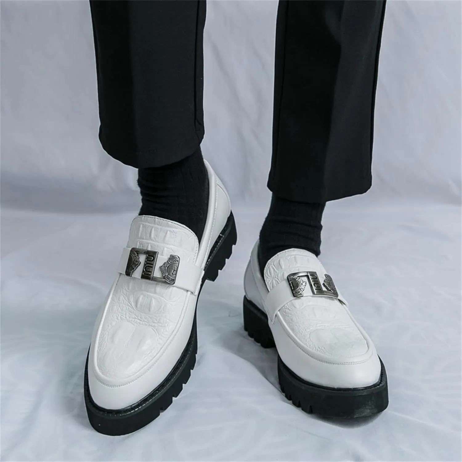 Mens Crocodile Pattern Leather Slip-On Dress Loafers Classical Casual Log Sole Non Slip Platform Penny Shoe for Formal Business Wedding