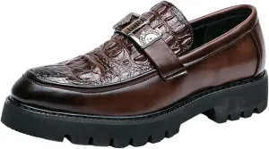 Mens Crocodile Pattern Leather Slip-On Dress Loafers Classical Casual Log Sole Non Slip Platform Penny Shoe for Formal Business Wedding