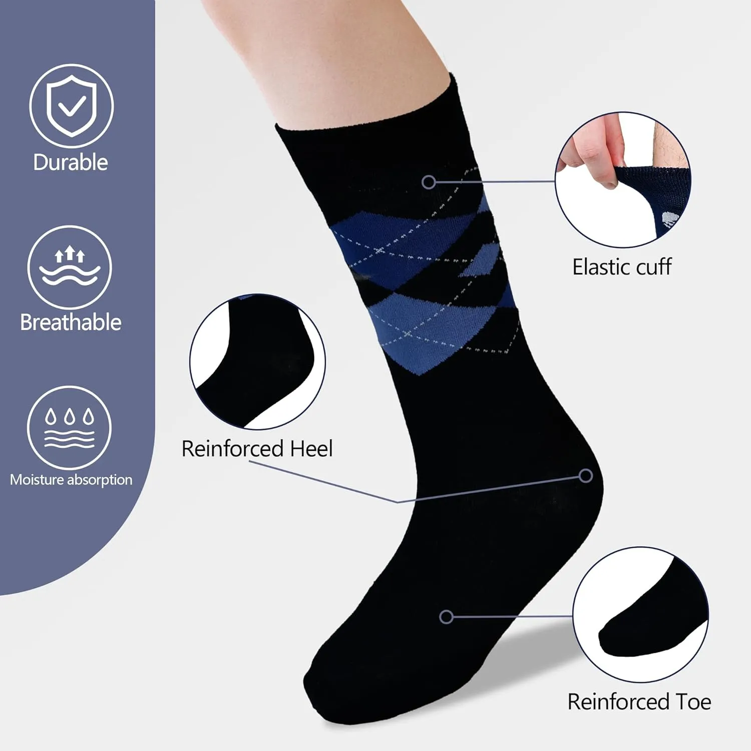 Mens Dress Socks Business Casual Pattern，6-Pairs Bamboo Crew Sock for Men Shoe Size 8-13
