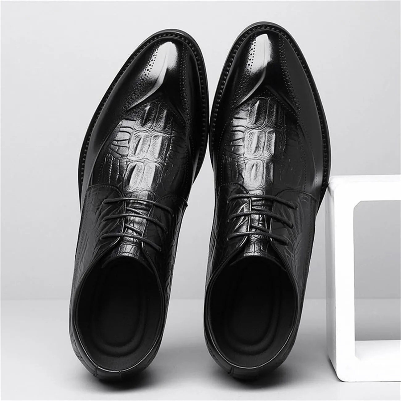 Mens Fashion Invisible Height Increasing Lace-Ups Leather Brogues Business Wedding Dress Shoes, 3.14'' Taller