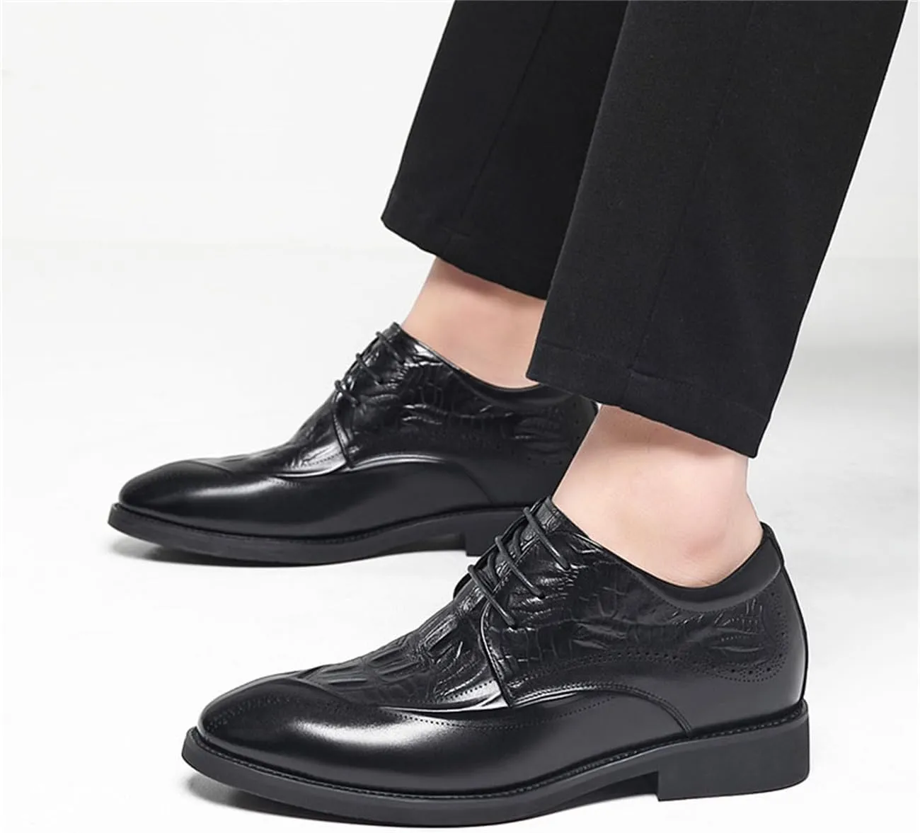 Mens Fashion Invisible Height Increasing Lace-Ups Leather Brogues Business Wedding Dress Shoes, 3.14'' Taller