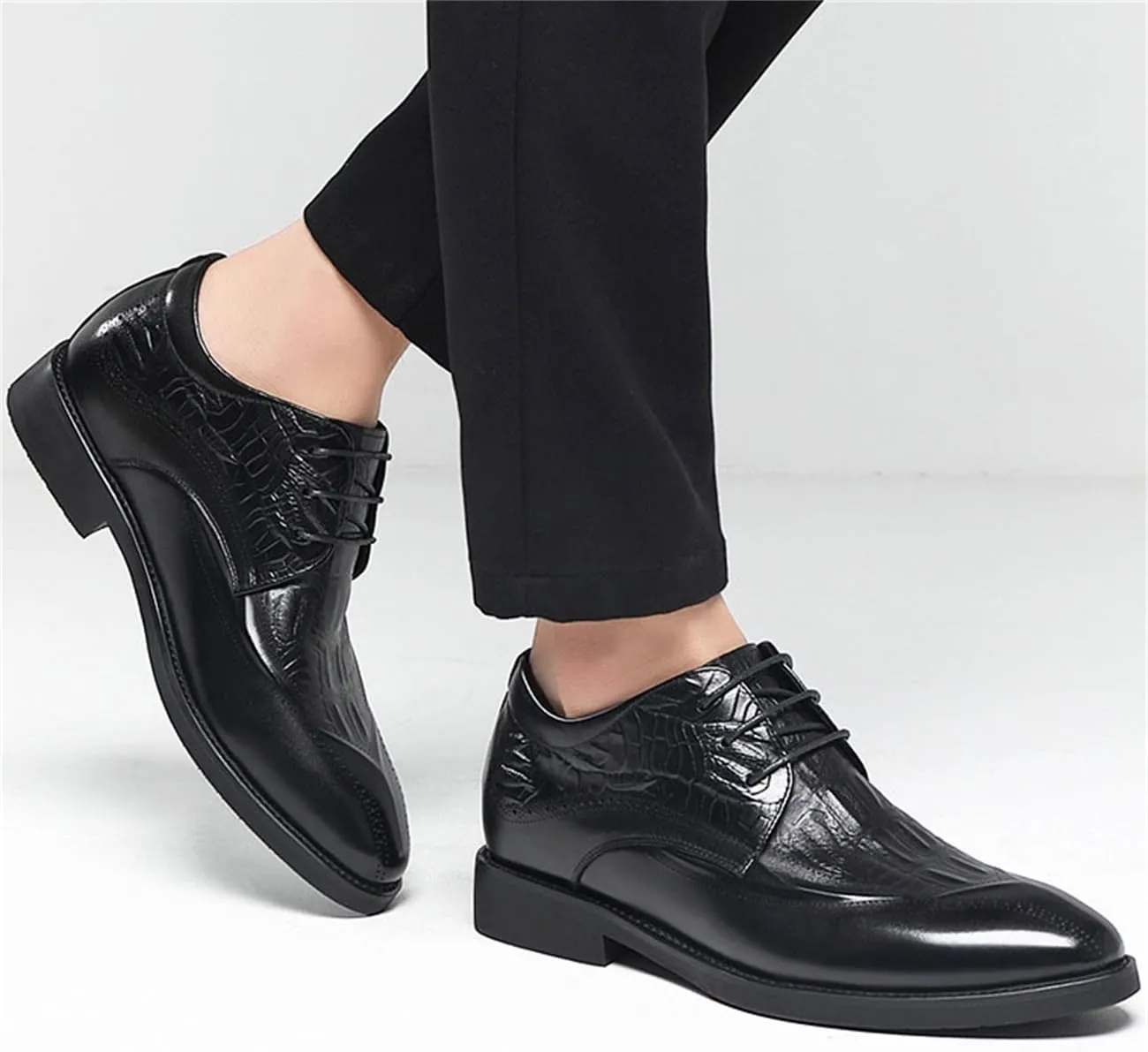 Mens Fashion Invisible Height Increasing Lace-Ups Leather Brogues Business Wedding Dress Shoes, 3.14'' Taller